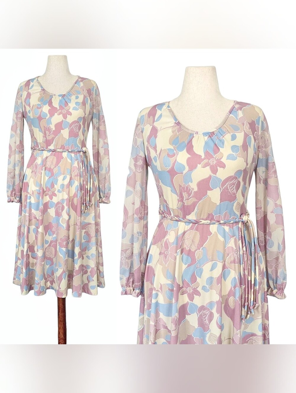 1980s Vintage Dress & Braided Belt Set 80s Midi Shirtwaist Medium Large Size M/L